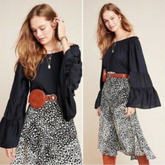 Anthropologie Tops - Anthropologie Gloria Off The Shoulder Ruffle Bell Sleeve Top Black size Medium